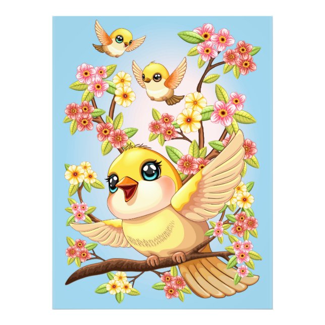 Cute and Happy Birds among Spring Flowers Photo Print (Front)