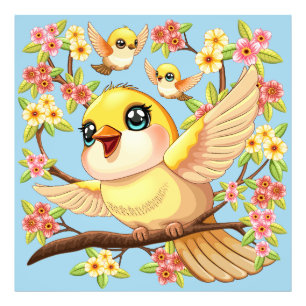 Cute and Happy Birds among Spring Flowers Photo Print