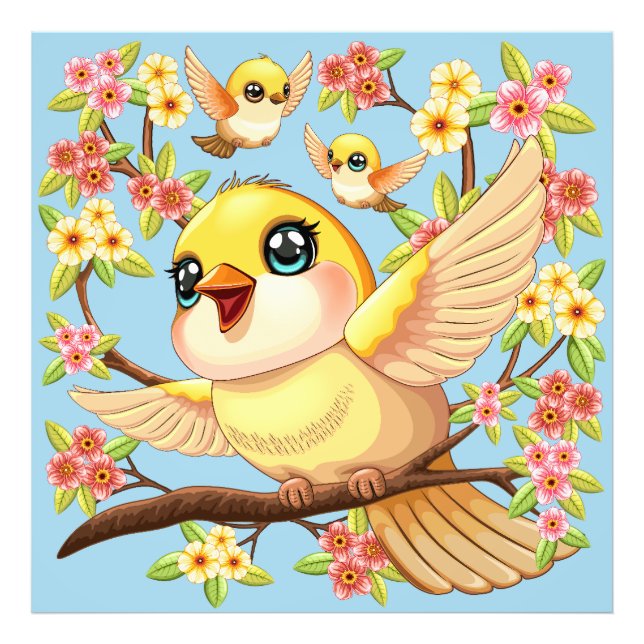 Cute and Happy Birds among Spring Flowers Photo Print (Front)