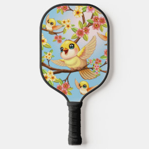 Cute and Happy Birds among Spring Flowers Pickleball Paddle