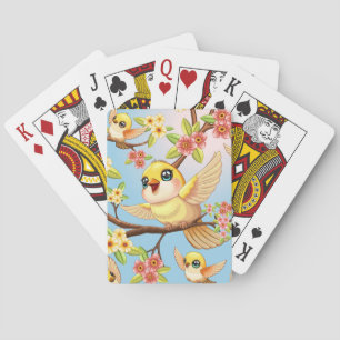 Cute and Happy Birds among Spring Flowers Playing Cards