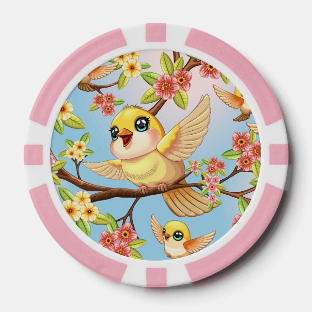 Cute and Happy Birds among Spring Flowers Poker Chips (Front)