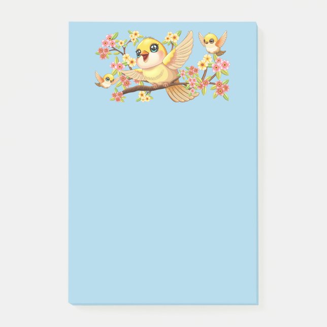 Cute and Happy Birds among Spring Flowers Post-it Notes (Front)