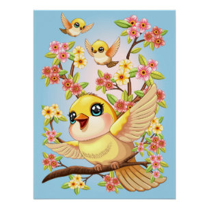 Cute and Happy Birds among Spring Flowers Poster