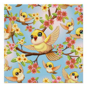 Cute and Happy Birds among Spring Flowers Poster
