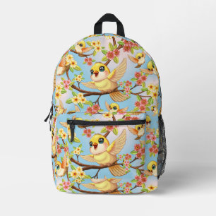 Cute and Happy Birds among Spring Flowers Printed Backpack