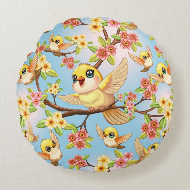 Cute and Happy Birds among Spring Flowers Round Cushion (Front)