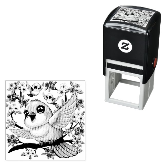 Cute and Happy Birds among Spring Flowers Self-inking Stamp (In Situ)