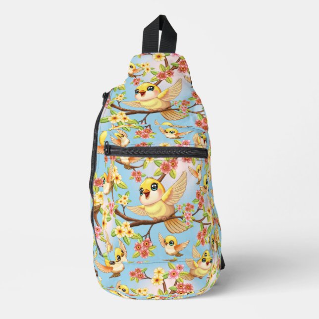 Cute and Happy Birds among Spring Flowers Sling Bag (Front)