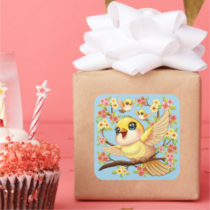Cute and Happy Birds among Spring Flowers Square Sticker