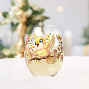 Cute and Happy Birds among Spring Flowers Stemless Wine Glass