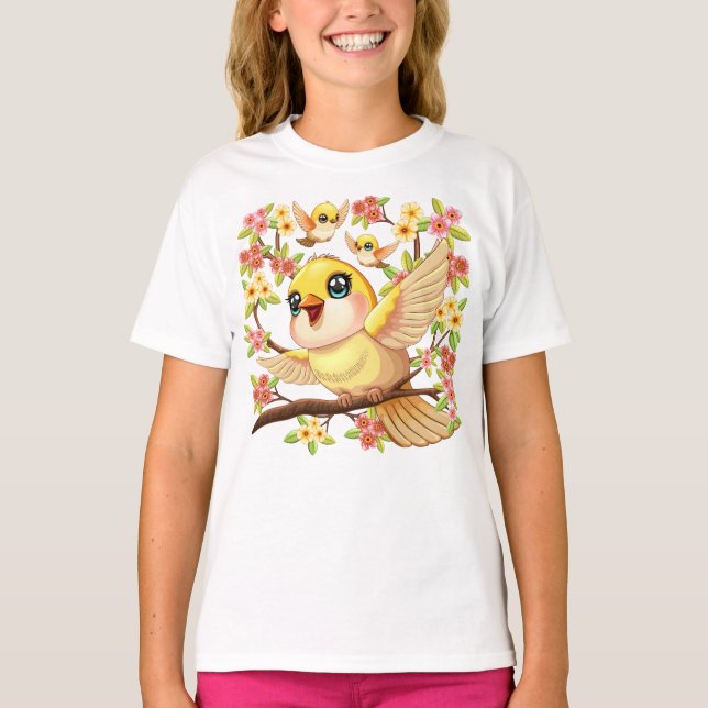 Cute and Happy Birds among Spring Flowers T-Shirt (Front)