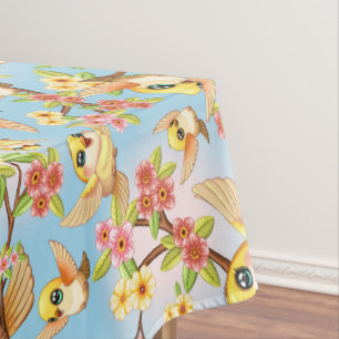 Cute and Happy Birds among Spring Flowers Tablecloth