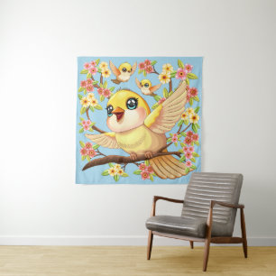 Cute and Happy Birds among Spring Flowers Tapestry