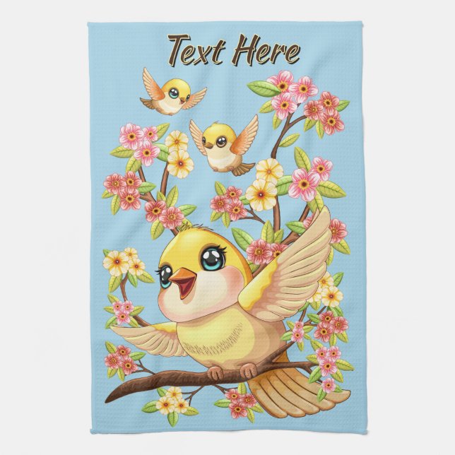 Cute and Happy Birds among Spring Flowers Tea Towel (Vertical)