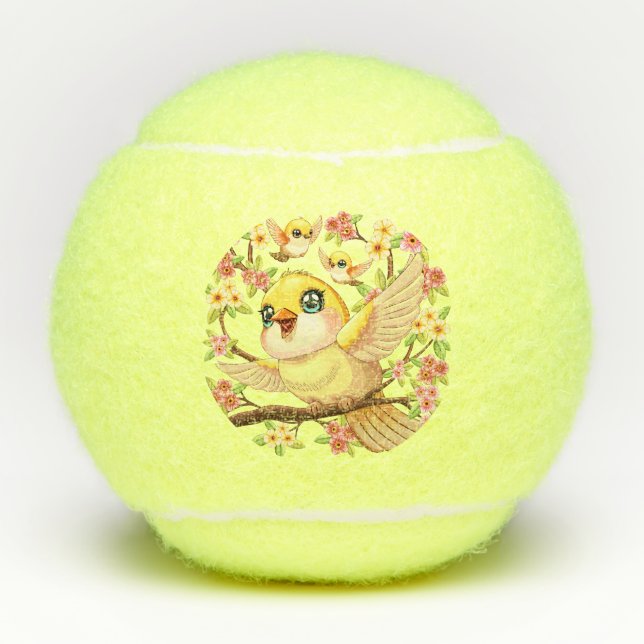 Cute and Happy Birds among Spring Flowers Tennis Balls (Front)
