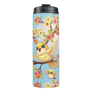 Cute and Happy Birds among Spring Flowers Thermal Tumbler