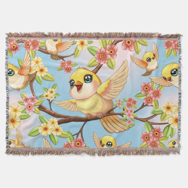 Cute and Happy Birds among Spring Flowers Throw Blanket (Front)
