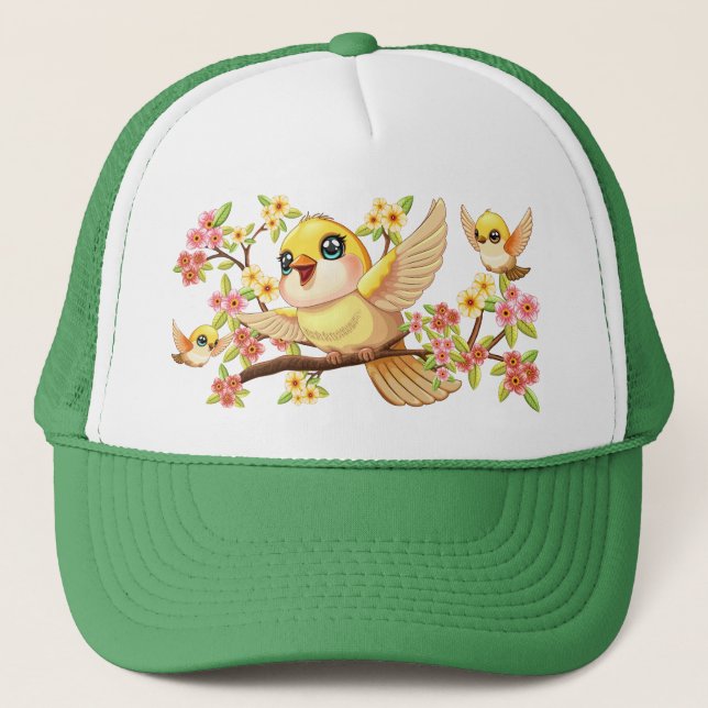 Cute and Happy Birds among Spring Flowers Trucker Hat (Front)