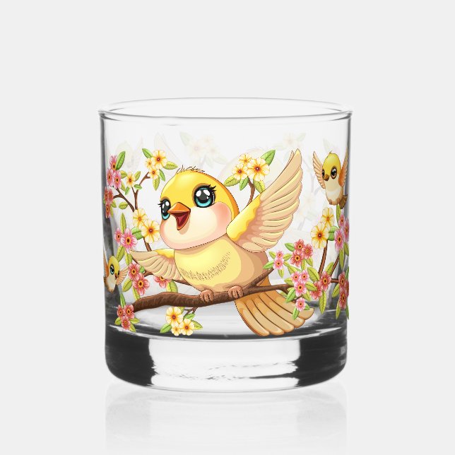 Cute and Happy Birds among Spring Flowers Whiskey Glass (Front)