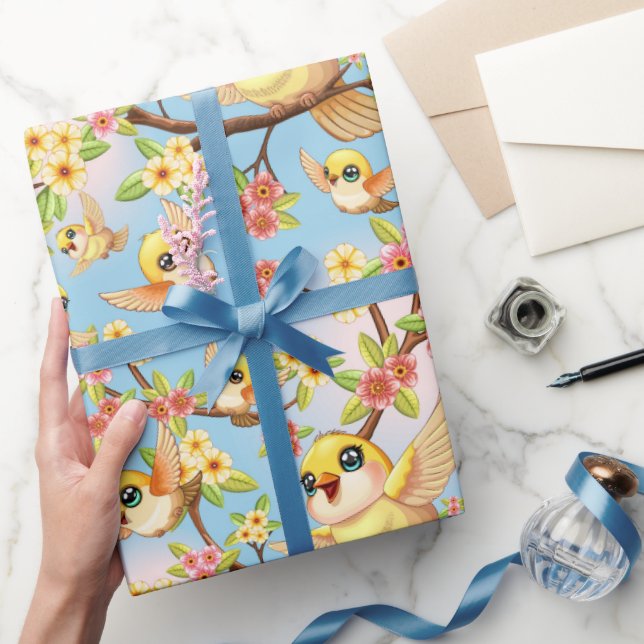 Cute and Happy Birds among Spring Flowers Wrapping Paper (Gifting)
