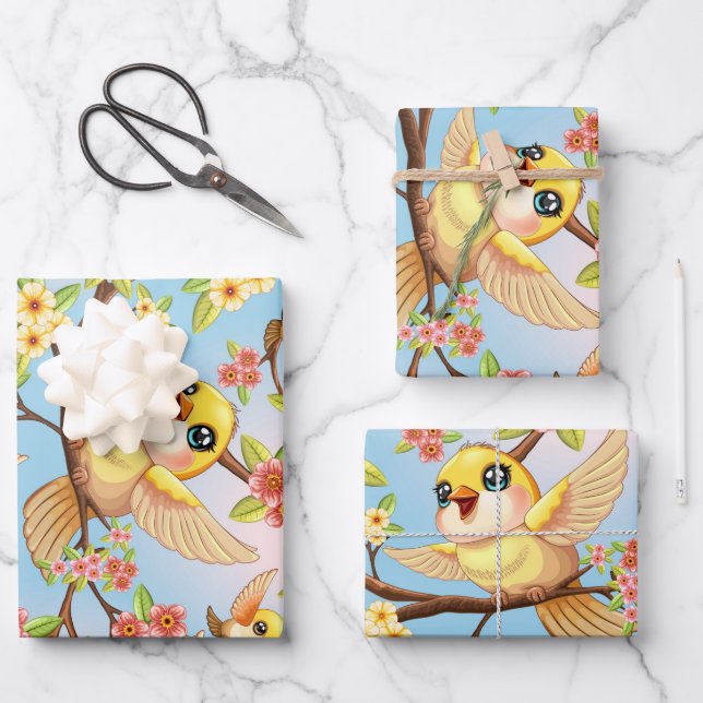 Cute and Happy Birds among Spring Flowers Wrapping Paper Sheet (Front)