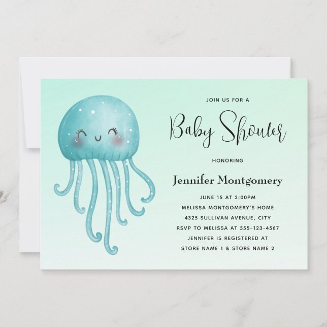 Cute and Happy Blue-Green Jellyfish Baby Shower Invitation (Front)
