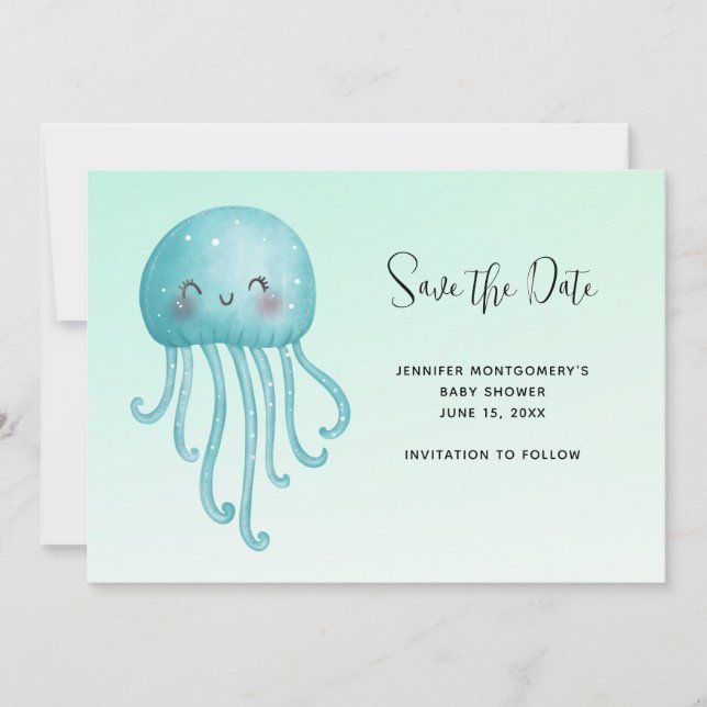 Cute and Happy Blue-Green Jellyfish Baby Shower Save The Date (Front)