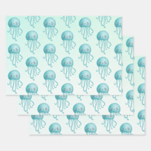 Cute and Happy Blue-Green Jellyfish Pattern Wrapping Paper Sheet