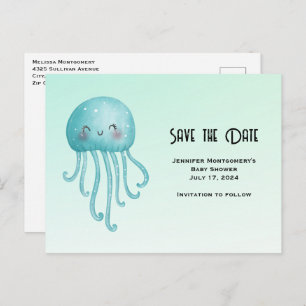 Cute and Happy Blue-Green Jellyfish Save the Date Invitation Postcard