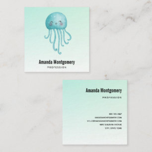 Cute and Happy Blue-Green Jellyfish Square Business Card