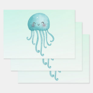 Cute and Happy Blue-Green Jellyfish Wrapping Paper Sheet