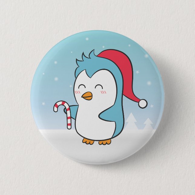 Cute and Happy Christmas Penguin with Candy Cane 6 Cm Round Badge (Front)
