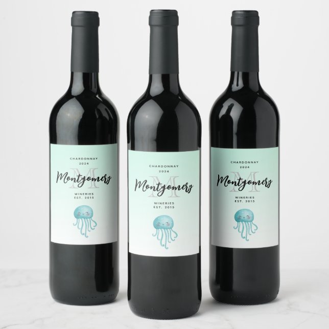 Cute and Happy Jellyfish Wine Making Wine Label (Bottles)