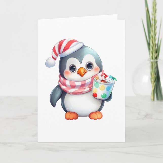 Cute and Happy Penguin with Snack BLANK  Holiday Card (Front)