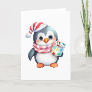 Cute and Happy Penguin with Snack BLANK Holiday Card