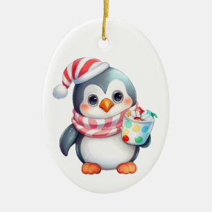 Cute and Happy Penguin with Snack Ceramic Tree Decoration