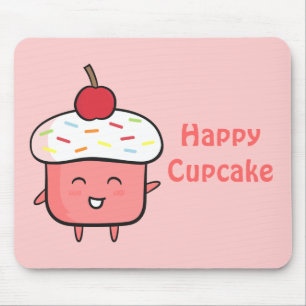 Cute and Happy Pink Cupcake with Cherry Mouse Mat