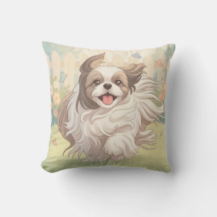 Cute and Happy Shih Tzu Puppy Running in a Garden Cushion