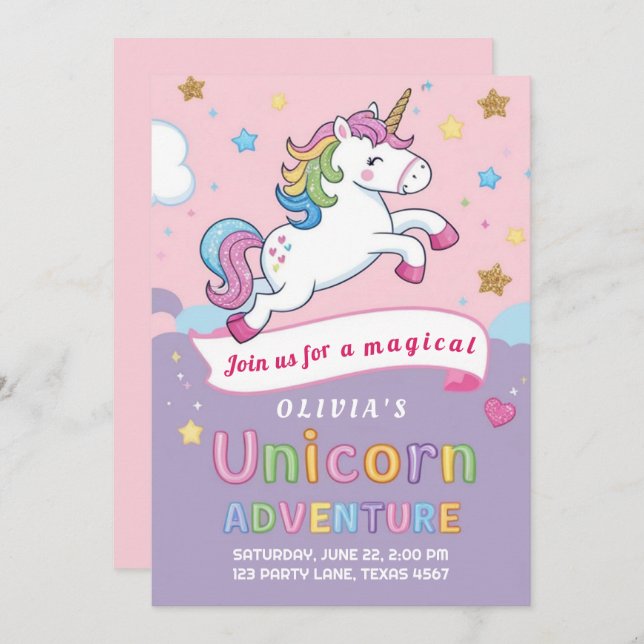 Cute and Magical Unicorn Rainbow Girl Birthday Invitation (Front/Back)