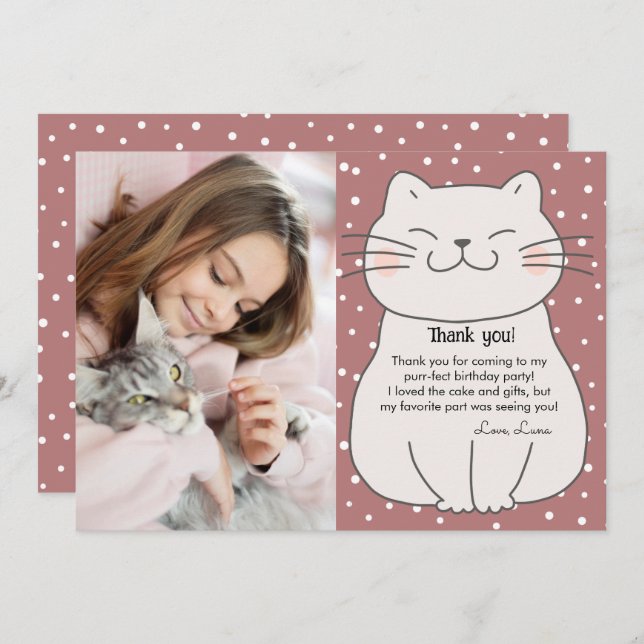 Cute and Modern Kitten With Photo Birthday  Thank You Card (Front/Back)