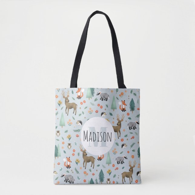 Cute and Modern Woodland Animals Monogram Kids Tote Bag (Front)