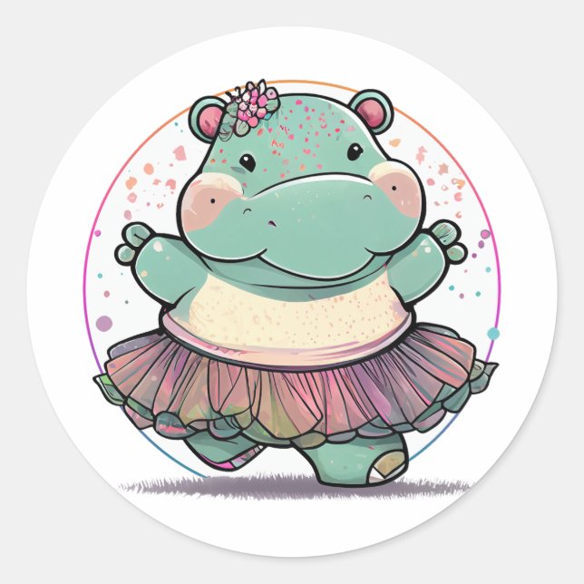 Cute and Playful Dancing Hippo in a Tutu Classic Round Sticker (Front)