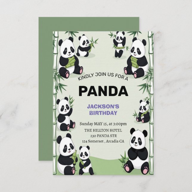 cute and playful panda birthday invitation (Front/Back)