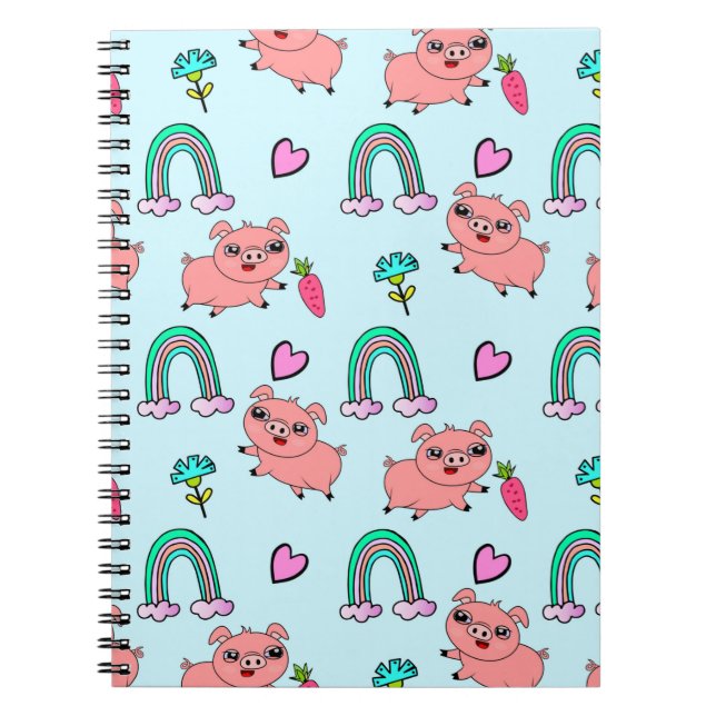 Cute and Quirky Pigs and Rainbows Pattern Notebook (Front)