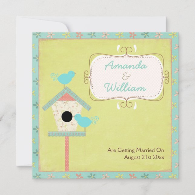 Cute And Shabby ~ Birds And Birdhouse Wedding Invitation (Front)