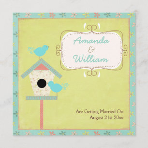 Cute And Shabby ~ Birds And Birdhouse Wedding Invitation