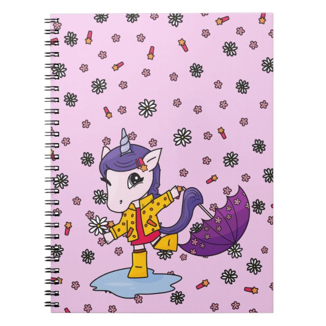 Cute and Simple Pink Floral Unicorn in Raincoat Notebook (Front)