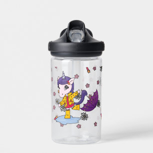 Cute and Simple Pink Floral Unicorn in Raincoat Water Bottle