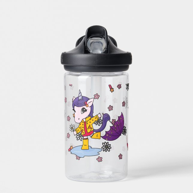 Cute and Simple Pink Floral Unicorn in Raincoat Water Bottle (Front)